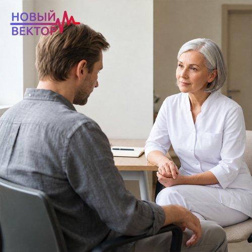 Врач-нарколог консультирует мужчину в медицинском кабинете, обсуждая детоксикацию наркозависимых и этапы очищения организма от наркотических веществ